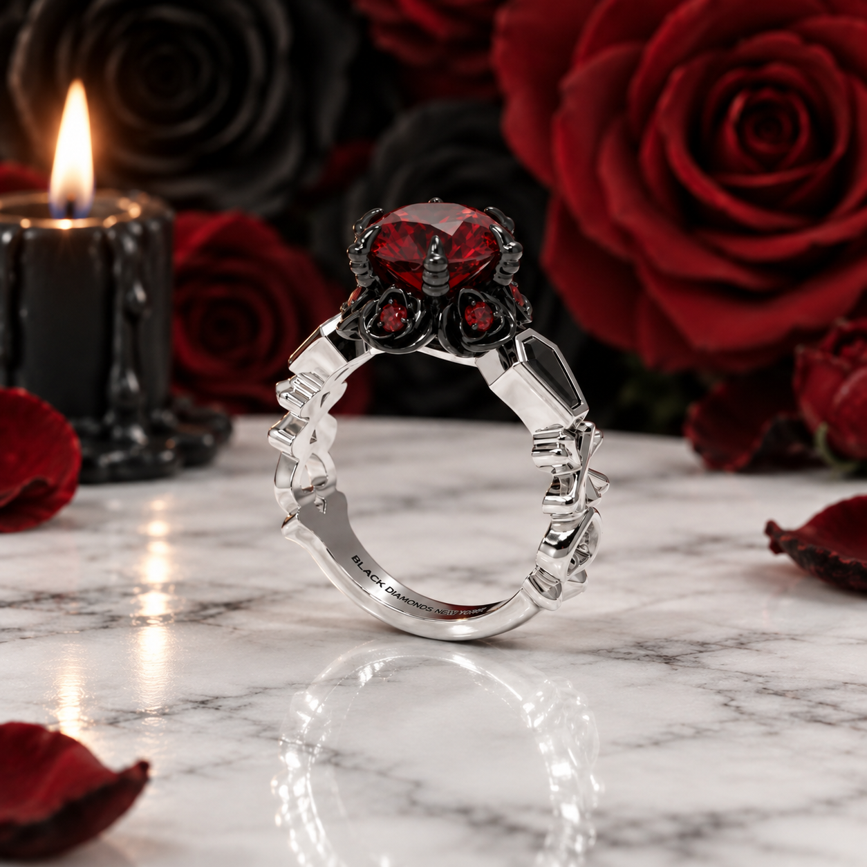 Through Eternity Ring- 3 ct Round Cut Diamond Option with Spider Legs Gothic Wedding Ring-Black Diamonds New York