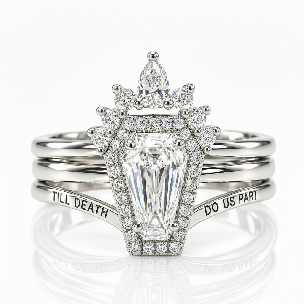 Till Death Do Us Part Rings- Rare Coffin Cut Diamond Option 14k White Gold Ring Set-Black Diamonds New York