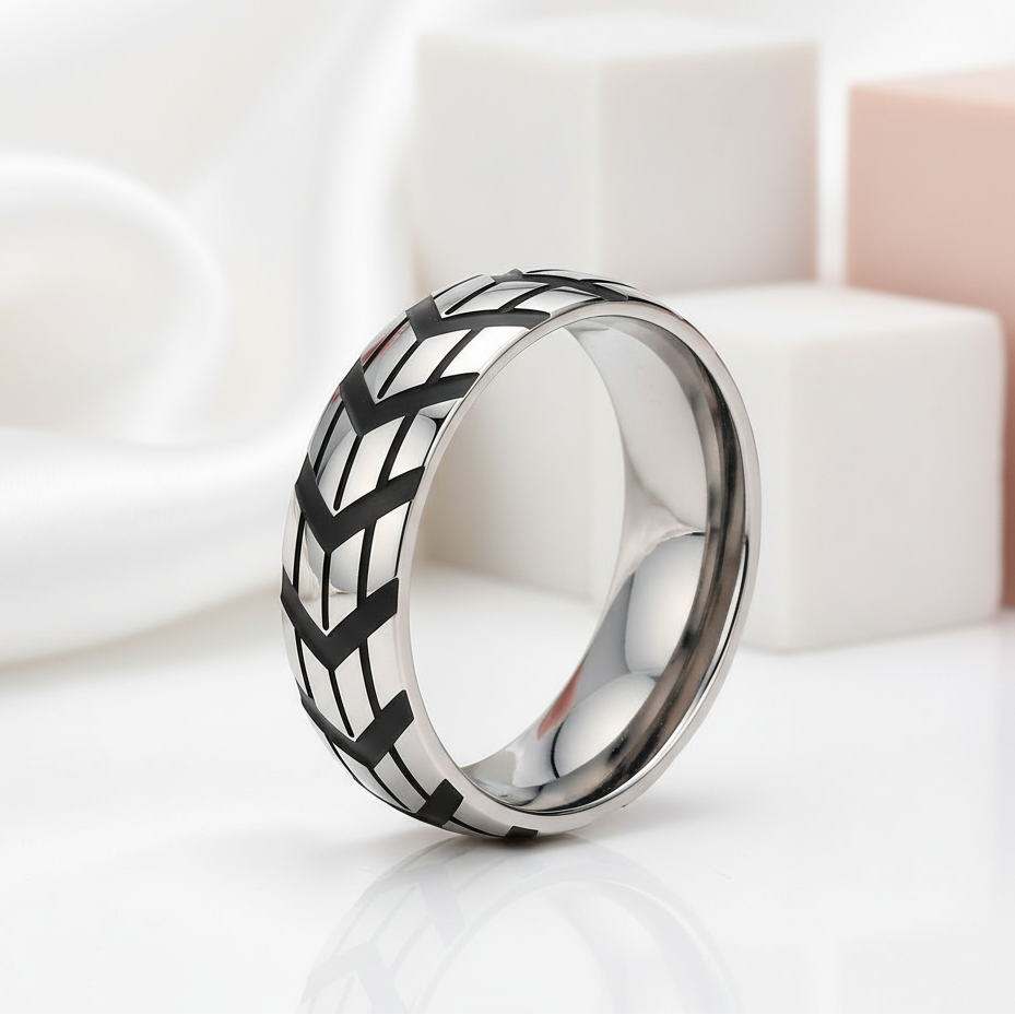 Tire-Printed Titanium Ring-Black Diamonds New York