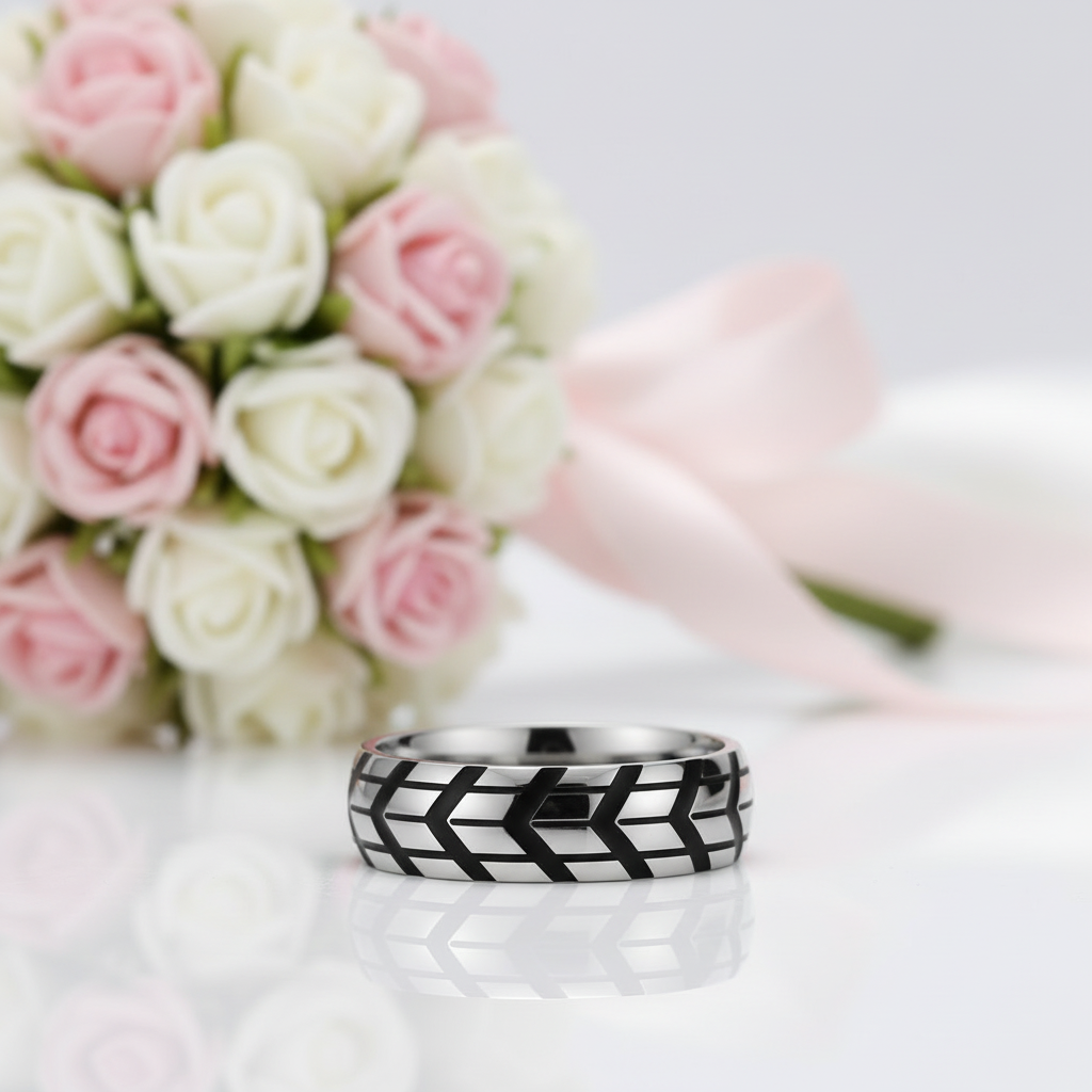Silver ring with black geometric pattern in front of pink and white roses
