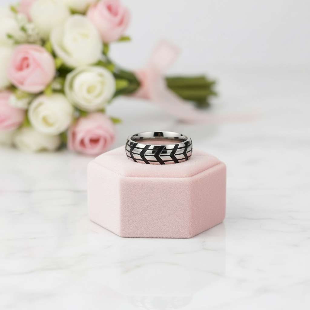 A silver ring with a black geometric chevron pattern sits on a small pink hexagonal display block, with a blurred bouquet of pink and white roses in the background on a light marble surface.