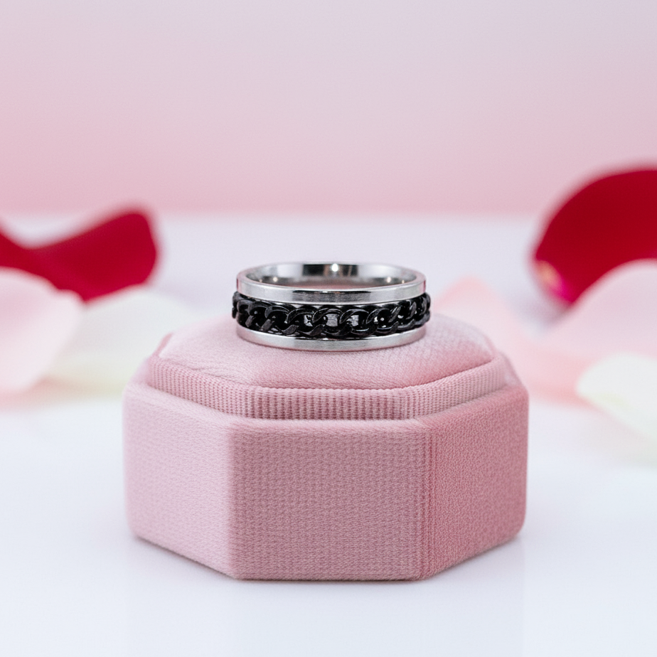 Titanium Stainless Steel Black Chain Spinner Ring-Black Diamonds New York