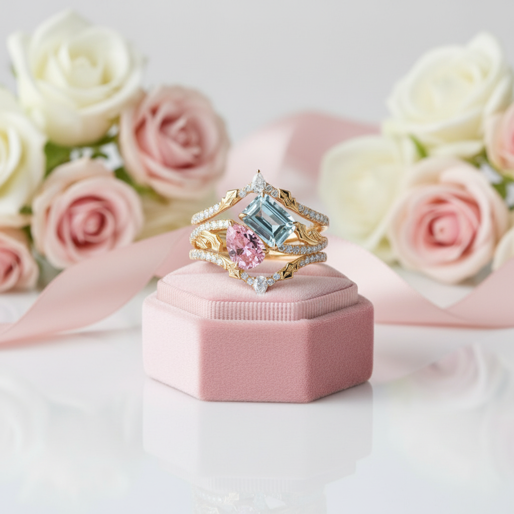 A luxury gold ring set with a light blue emerald-cut center stone and a pink oval center stone, displayed on a pink jewelry stand with blurred pink and white roses in the background.