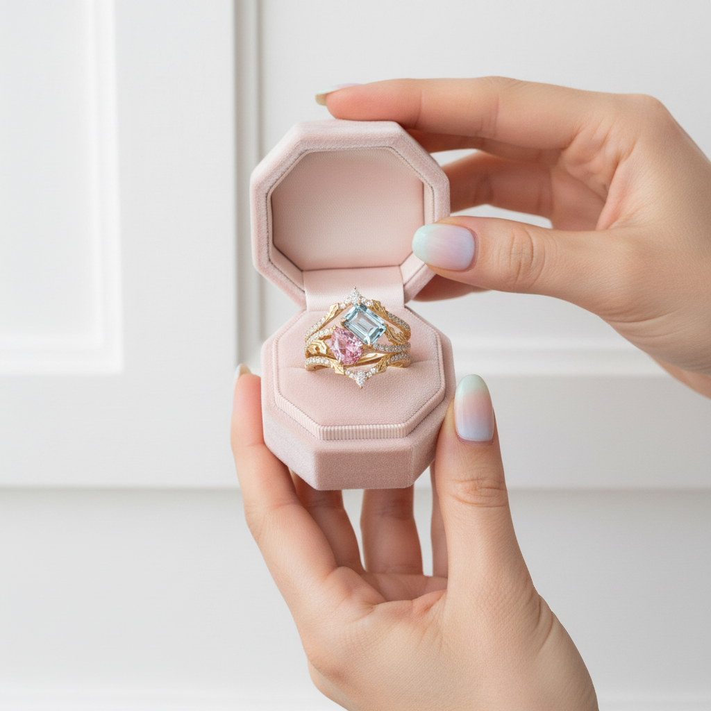 Toi et Moi Emerald & Pear Cut Pink-Blue Vintage Engagement Ring-Black Diamonds New York