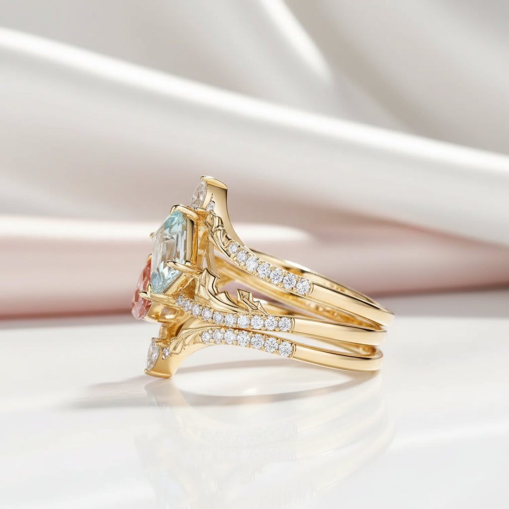 A gold ring set featuring a rectangular aquamarine blue gemstone, a small pink gemstone, and pavé-set clear accent stones on a white reflective surface with soft pink and white draped fabric in the background.