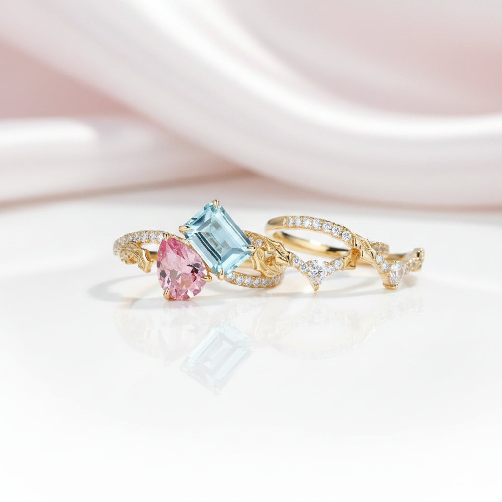 Three gold rings displayed on a glossy white surface with a soft pink draped fabric in the background. The center ring features a light blue rectangular gemstone and a pink pear-cut gemstone, flanked by pavé-set clear stones.
