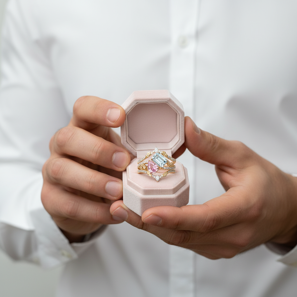 A close-up of a person in a white shirt holding an open pale pink ring box. Inside the box is a gold ring with a large light blue marquise-cut center stone and smaller pink and white stones.
