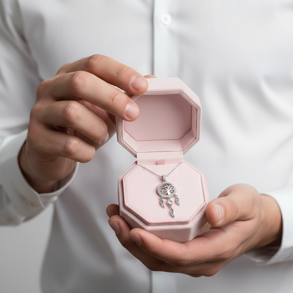 A silver-toned pendant necklace with a crescent moon and small clear stones is displayed inside an open light pink jewelry box, held by a person wearing a white dress shirt.