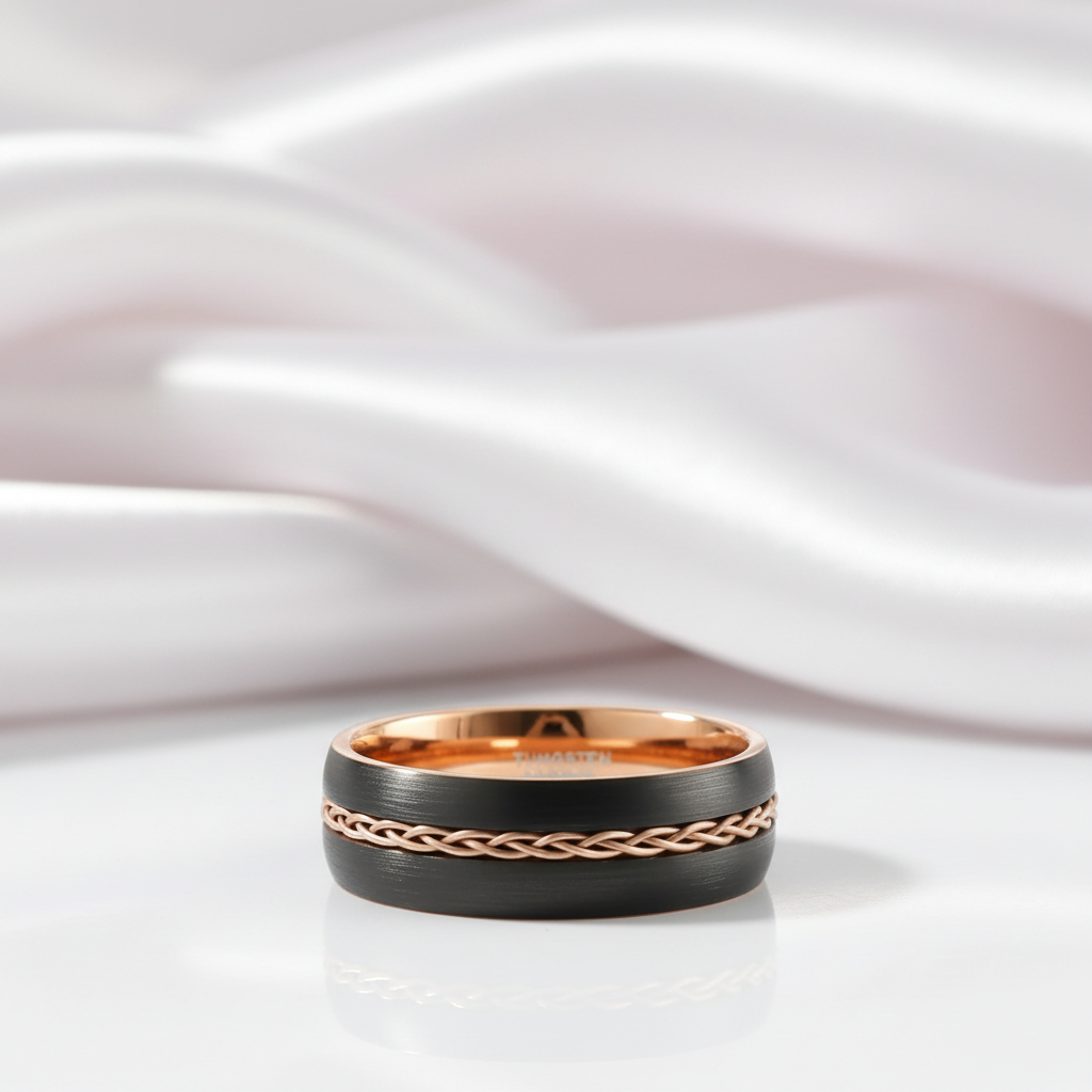 Two-tone Dome Steel Wire Inlay Tungsten Men's Ring-Black Diamonds New York