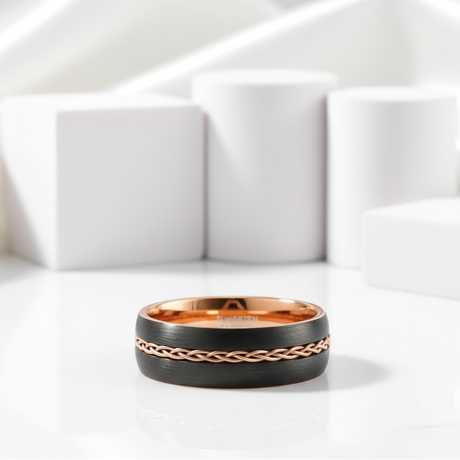 Two-tone Dome Steel Wire Inlay Tungsten Men's Ring-Black Diamonds New York