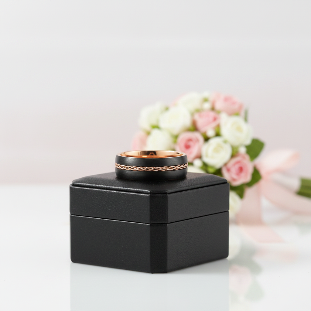 Two-tone Dome Steel Wire Inlay Tungsten Men's Ring-Black Diamonds New York