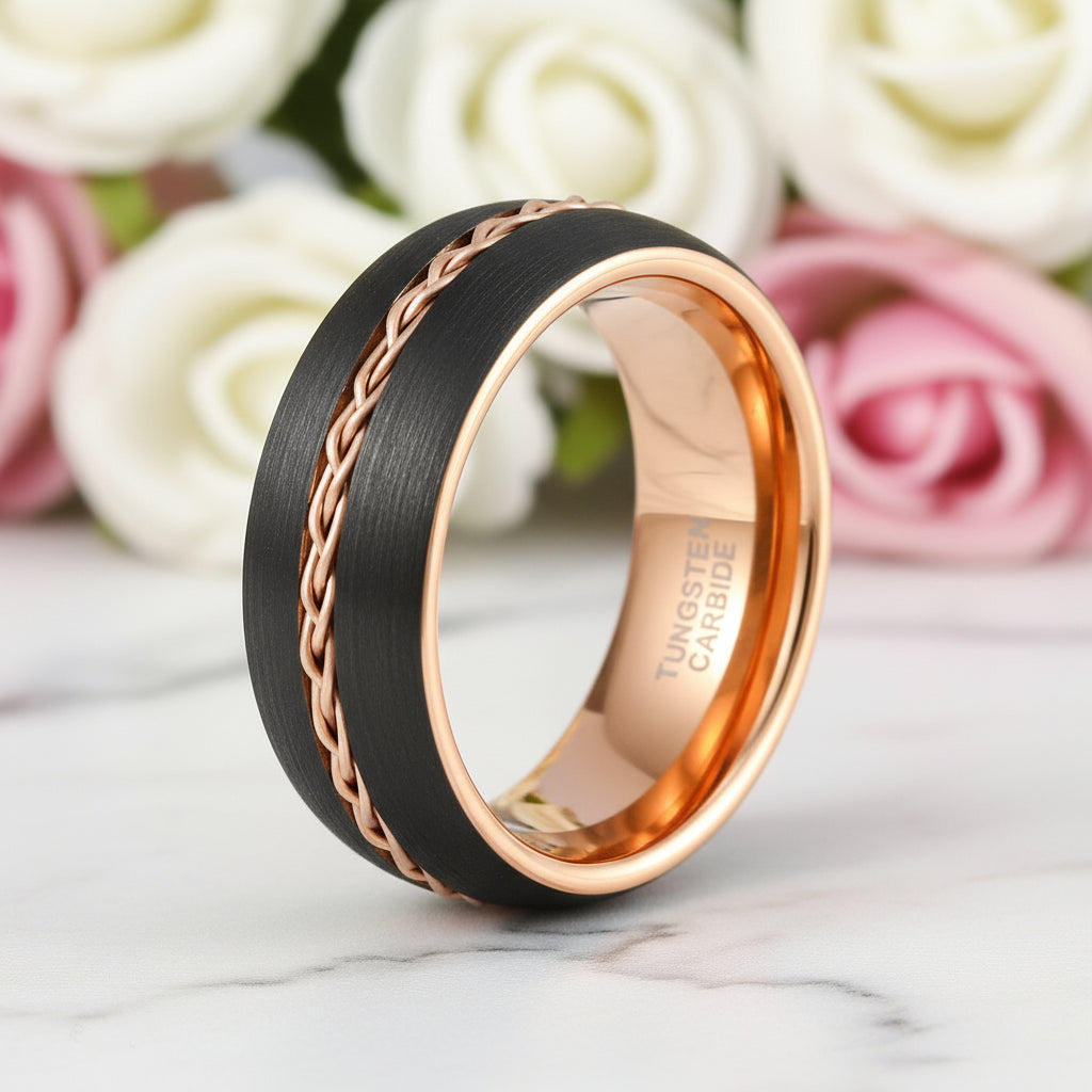 Two-tone Dome Steel Wire Inlay Tungsten Men's Ring-Black Diamonds New York