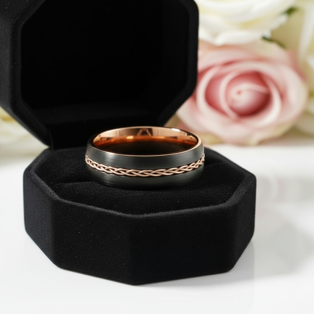 Two-tone Dome Steel Wire Inlay Tungsten Men's Ring-Black Diamonds New York