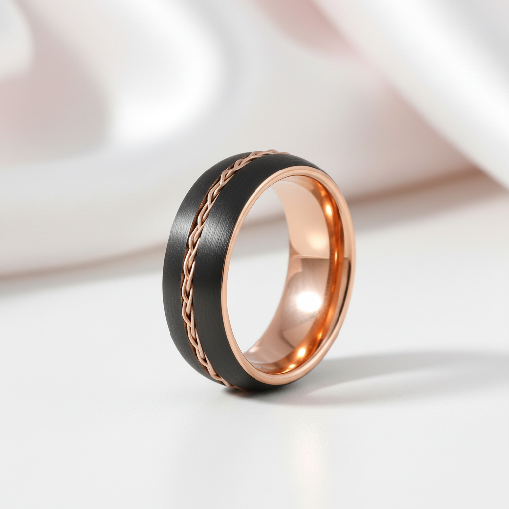 Two-tone Dome Steel Wire Inlay Tungsten Men's Ring-Black Diamonds New York