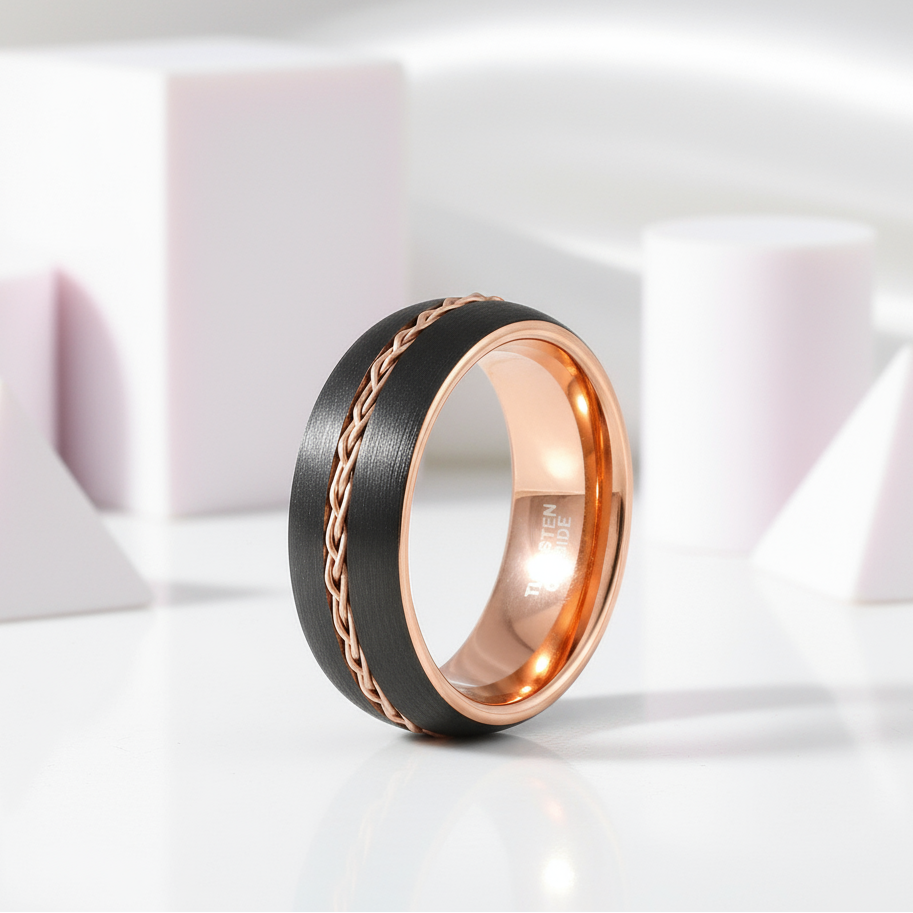 Two-tone Dome Steel Wire Inlay Tungsten Men's Ring-Black Diamonds New York