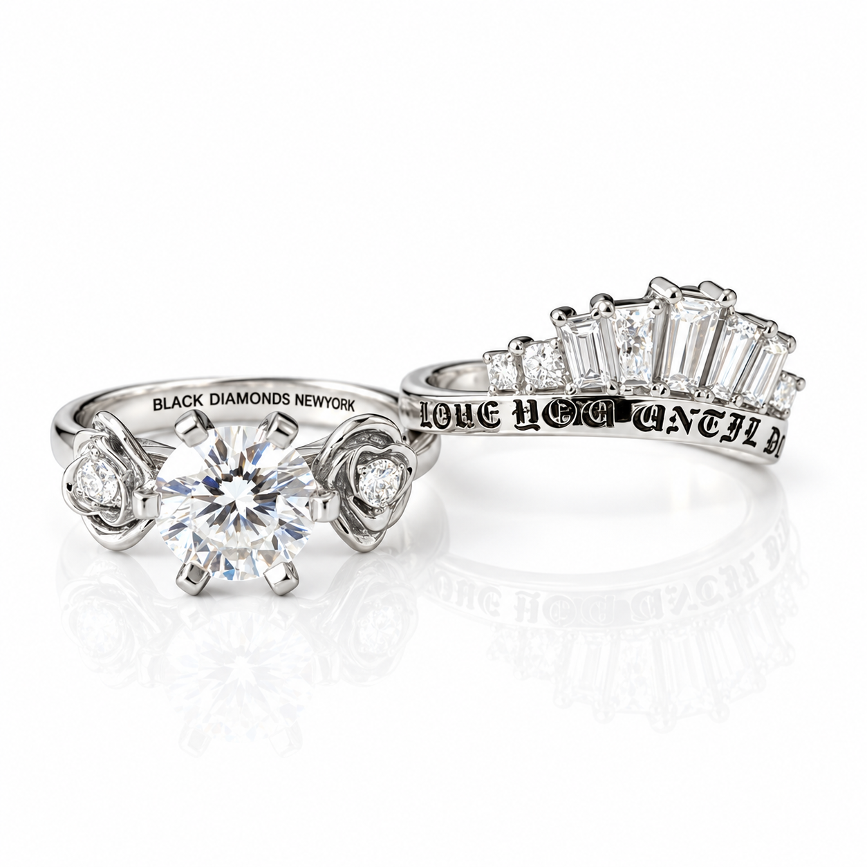 Love You Until Death Rings - 1.5 Ct Round Cut Diamond Option Engagement Rings in 14k White Gold-Black Diamonds New York