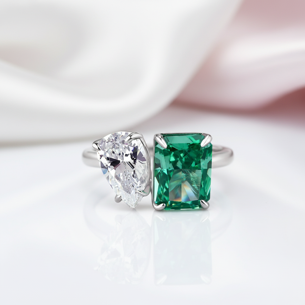 Unique Double Stone Design Radiant & Pear Cut Engagement Ring-Black Diamonds New York