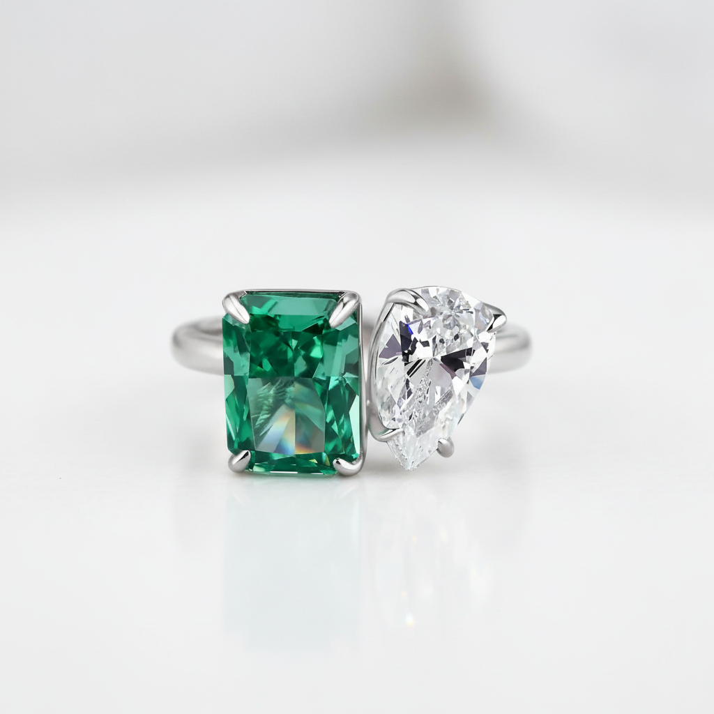 Unique Double Stone Design Radiant & Pear Cut Engagement Ring-Black Diamonds New York