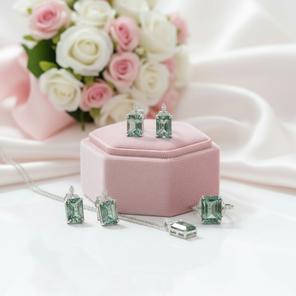 Unique Emerald Cut Natural Moss Agate Jewelry Set-Black Diamonds New York