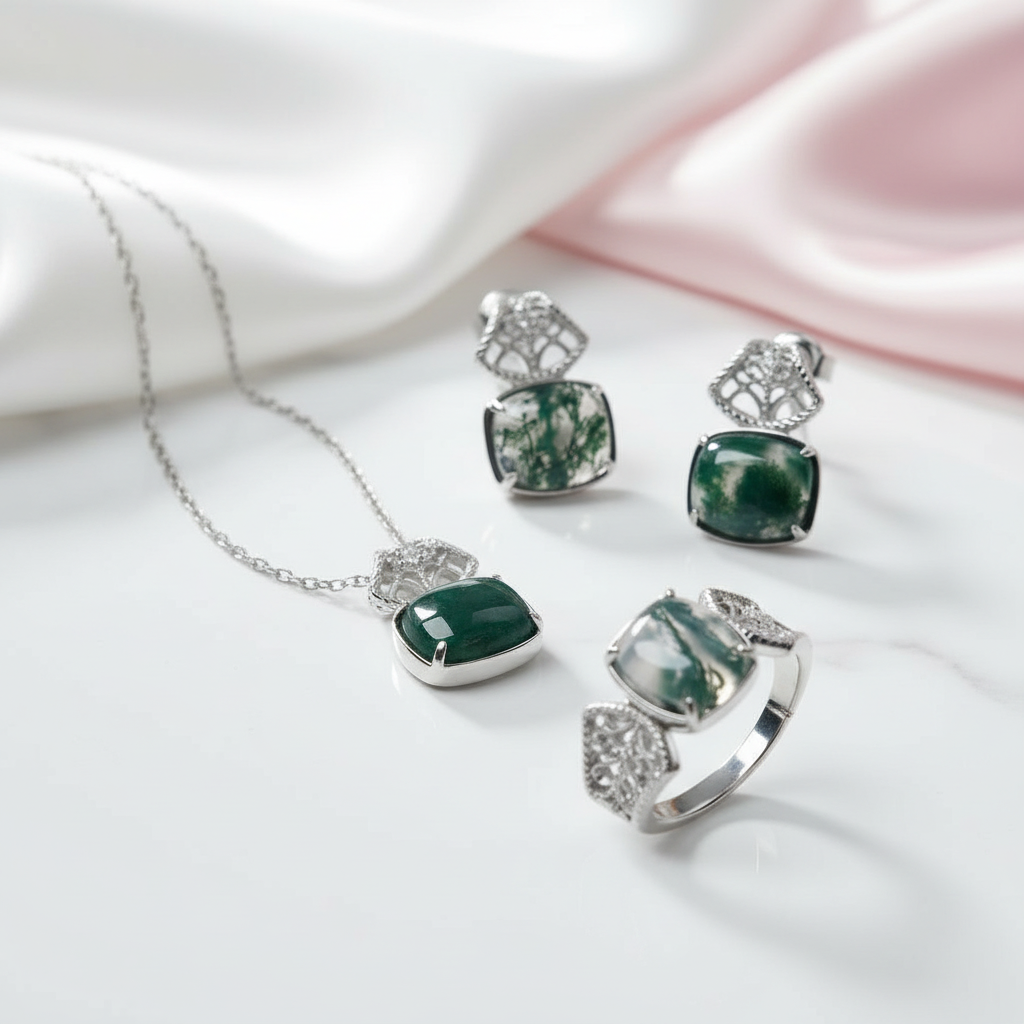 Unique Natural Moss Agate Jewelry Set-Black Diamonds New York