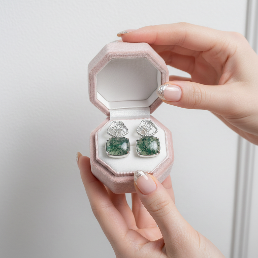 Unique Natural Moss Agate Jewelry Set-Black Diamonds New York