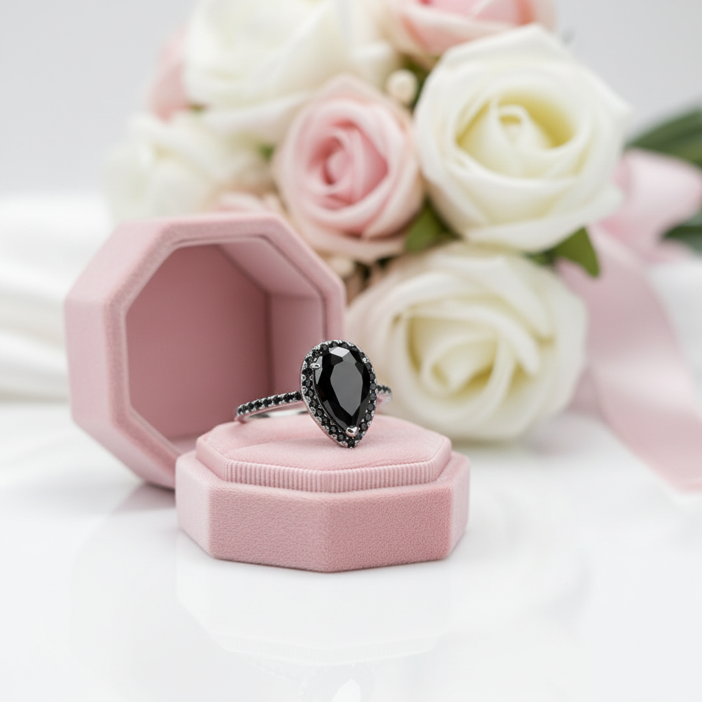 Unique Pear Cut Halo Black Diamond Option Engagement Ring-Black Diamonds New York