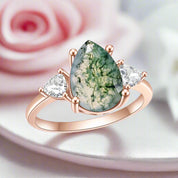 Unique Pear Cut Moss Agate Vintage Cluster Engagement Ring Set-Black Diamonds New York