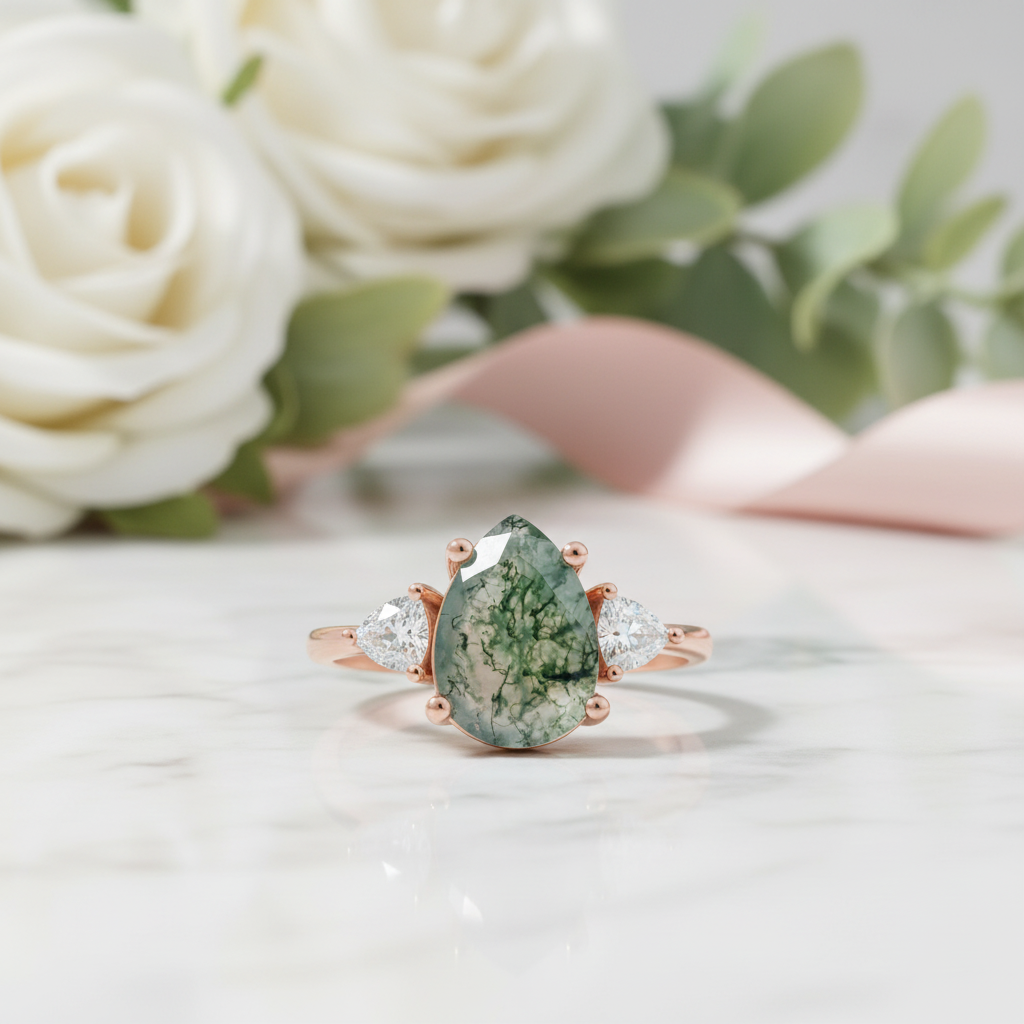 Unique Pear Cut Moss Agate Vintage Cluster Engagement Ring Set-Black Diamonds New York