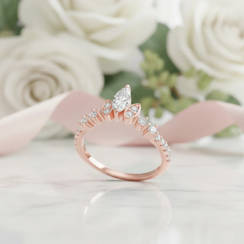 Unique Pear Cut Moss Agate Vintage Cluster Engagement Ring Set-Black Diamonds New York