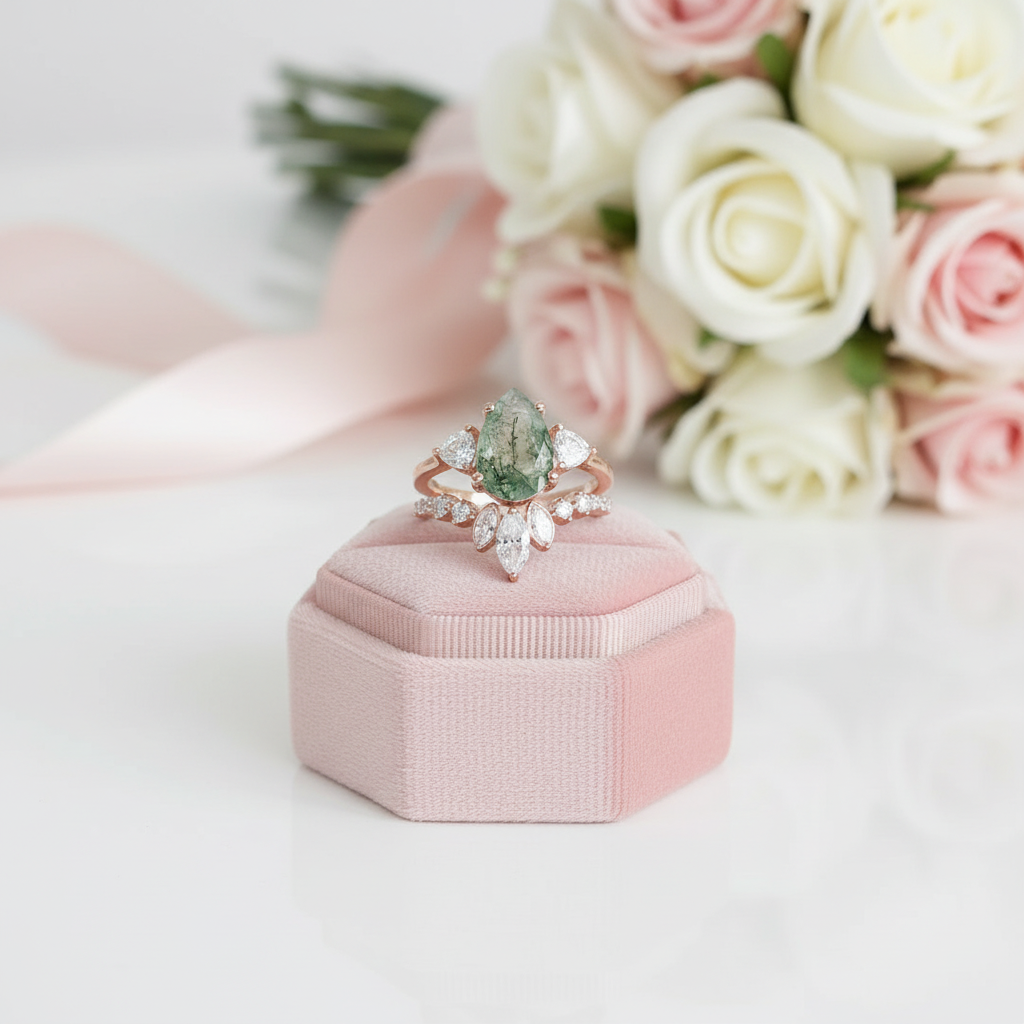 Unique Pear Cut Moss Agate Vintage Cluster Engagement Ring Set-Black Diamonds New York