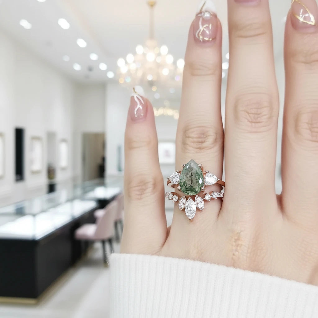 Unique Pear Cut Moss Agate Vintage Cluster Engagement Ring Set-Black Diamonds New York