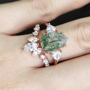 Unique Pear Cut Moss Agate Vintage Cluster Engagement Ring Set-Black Diamonds New York