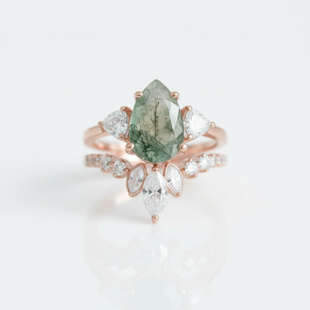 Unique Pear Cut Moss Agate Vintage Cluster Engagement Ring Set-Black Diamonds New York