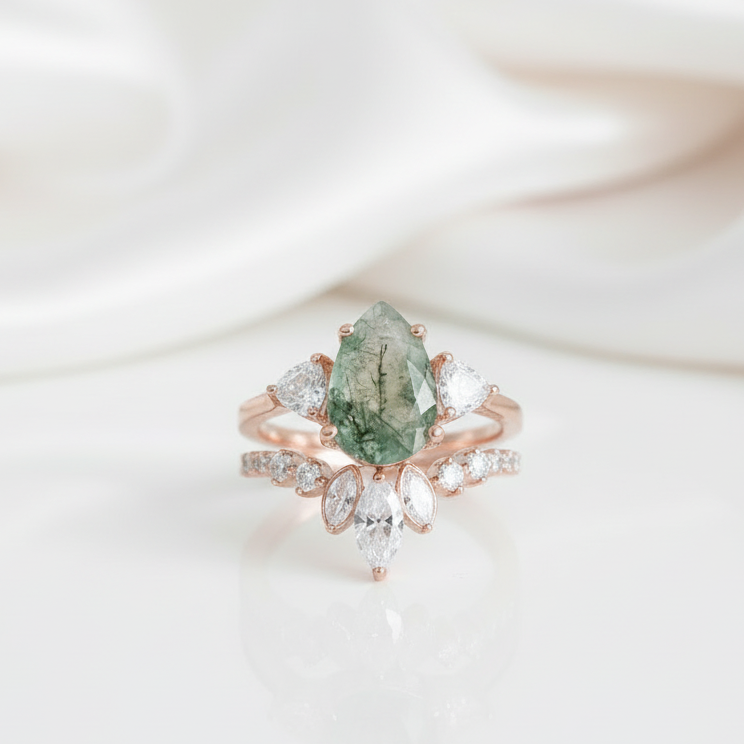 Unique Pear Cut Moss Agate Vintage Cluster Engagement Ring Set-Black Diamonds New York