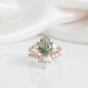 Unique Pear Cut Moss Agate Vintage Cluster Engagement Ring Set-Black Diamonds New York