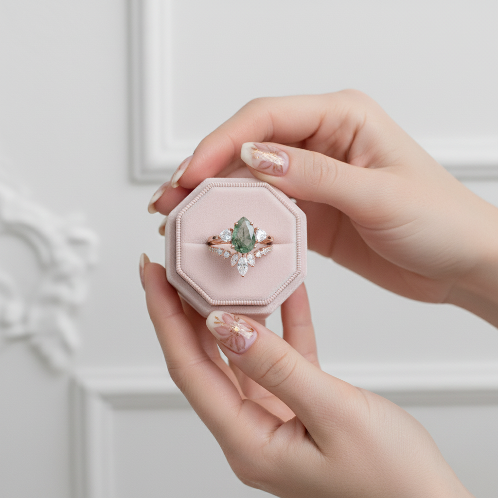 Unique Pear Cut Moss Agate Vintage Cluster Engagement Ring Set-Black Diamonds New York