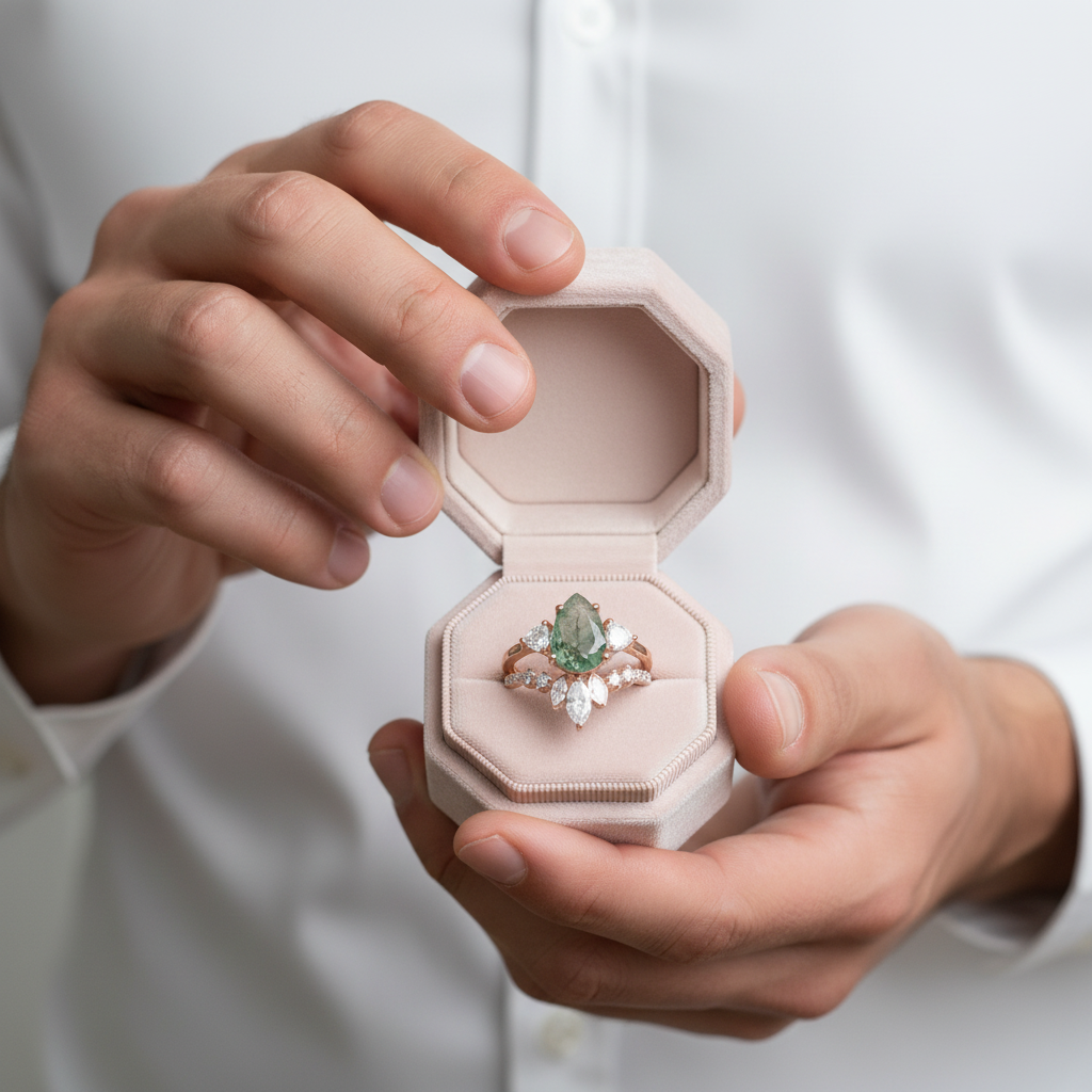 Unique Pear Cut Moss Agate Vintage Cluster Engagement Ring Set-Black Diamonds New York