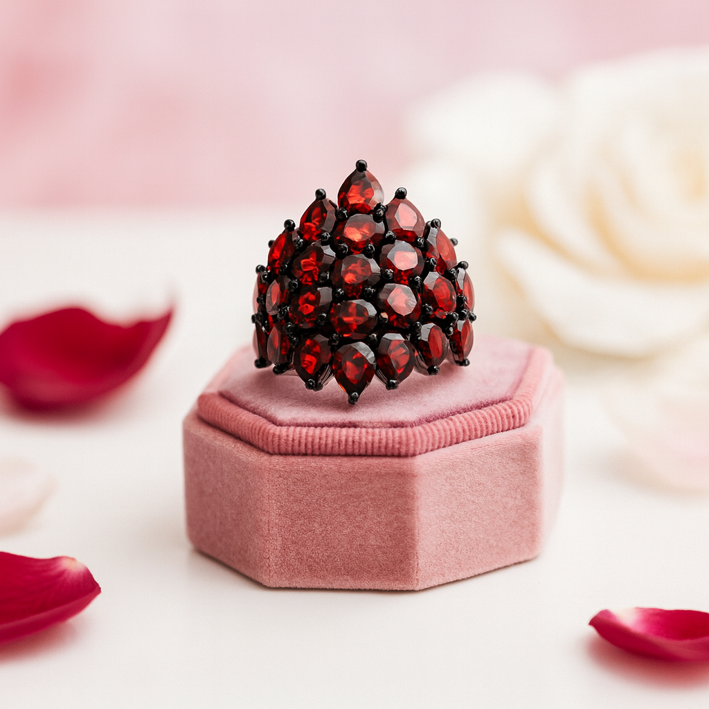 Unique Red Garnet Gemstone Ring-Black Diamonds New York