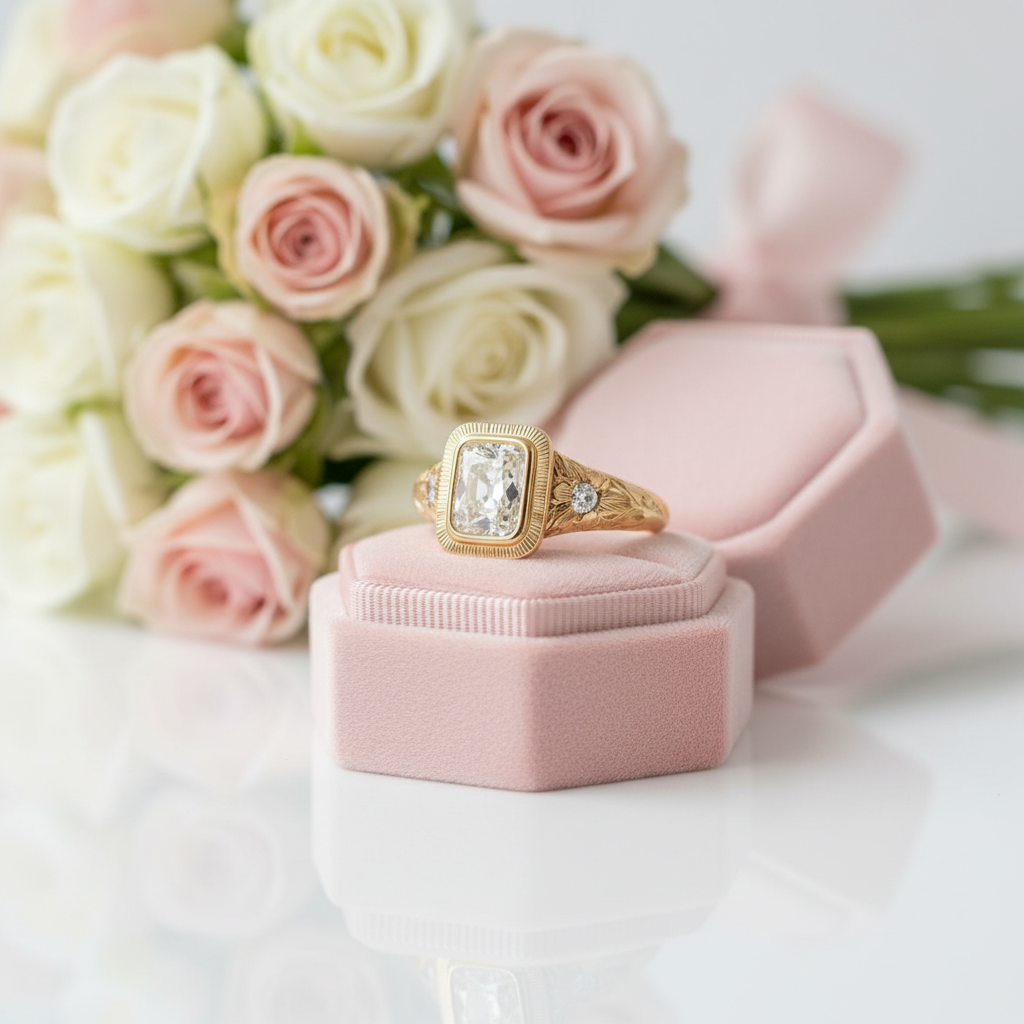 A gold ring with a rectangular clear gemstone and a small side diamond, displayed on a pink jewelry box with a bouquet of pink and white roses in the background.