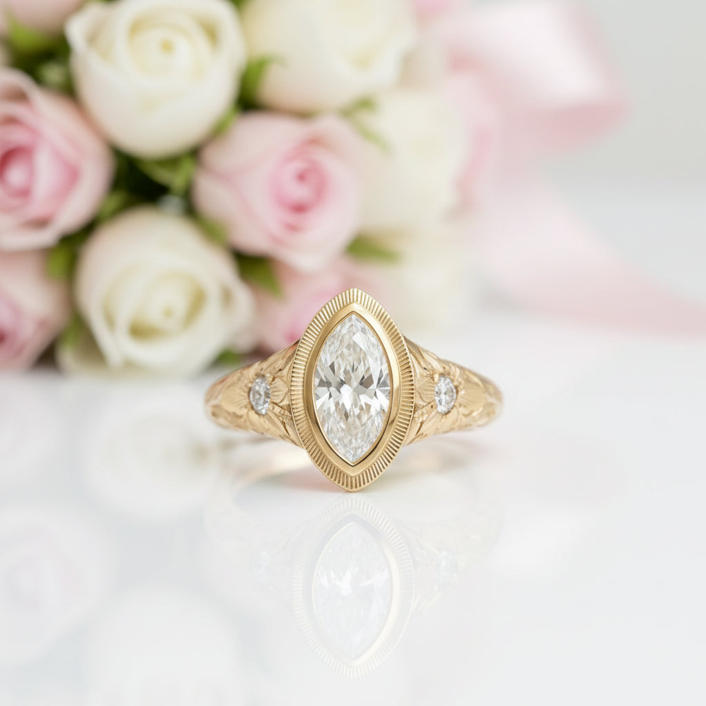 A yellow gold ring featuring a large marquise-cut diamond center stone and two small round diamonds on the shoulders, set against a clean white background.