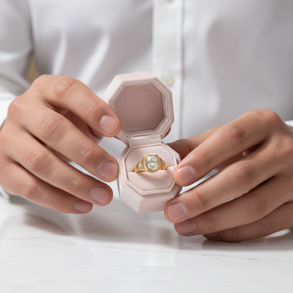 A close-up of a person in a white shirt holding an open pale pink jewelry box that contains a yellow gold ring with a large clear center stone and smaller side stones, set against a clean white background.