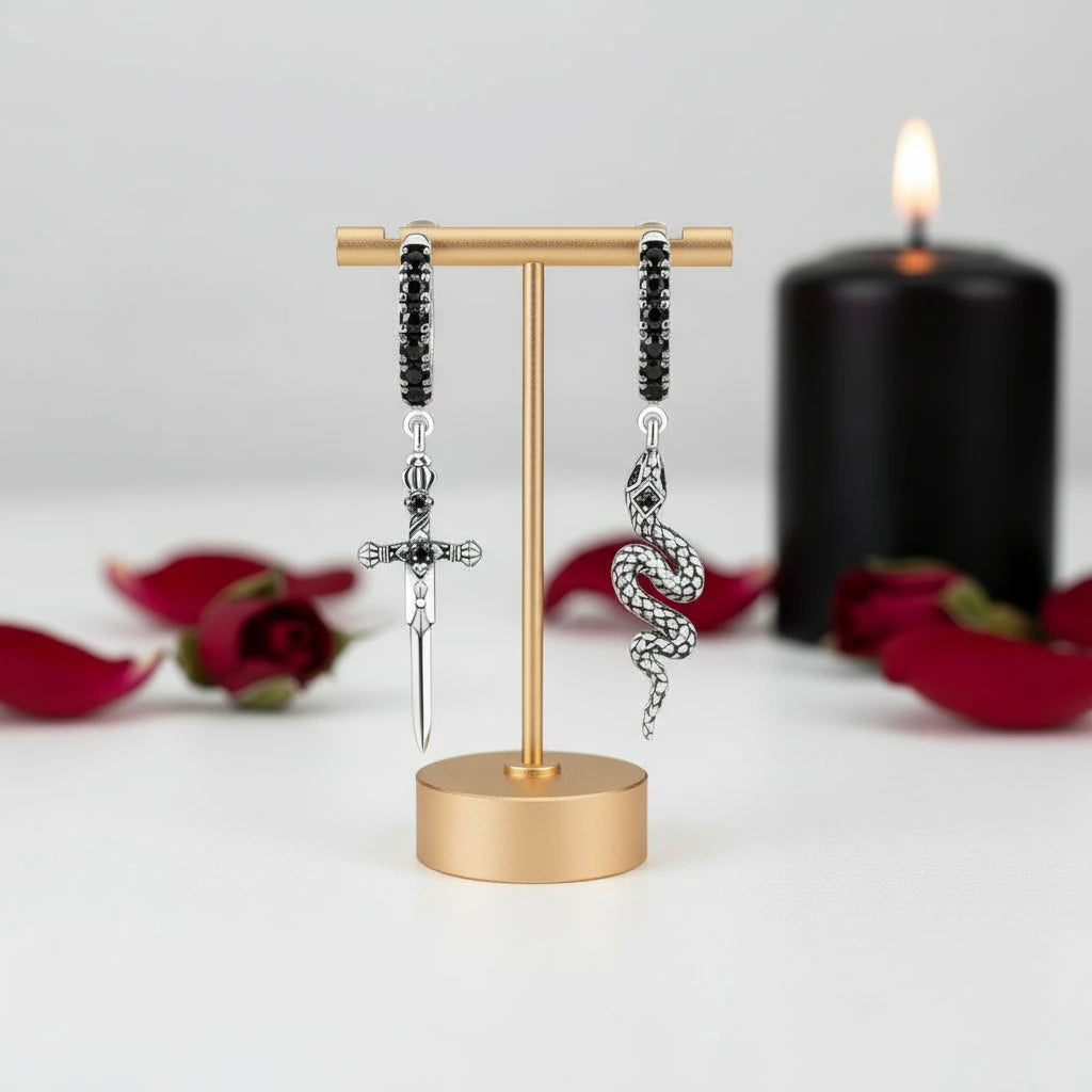 Vintage Black Diamonds Sword and Snake Hoop Earrings-Black Diamonds New York