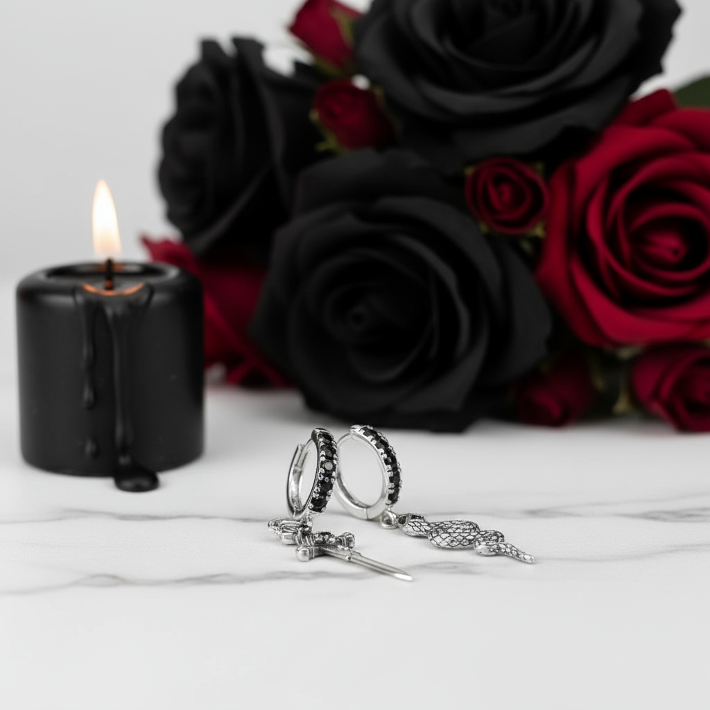 Vintage Black Diamonds Sword and Snake Hoop Earrings-Black Diamonds New York