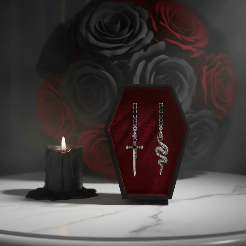 Pair of earrings in a red coffin-shaped box with black and red roses and a candle in the background.