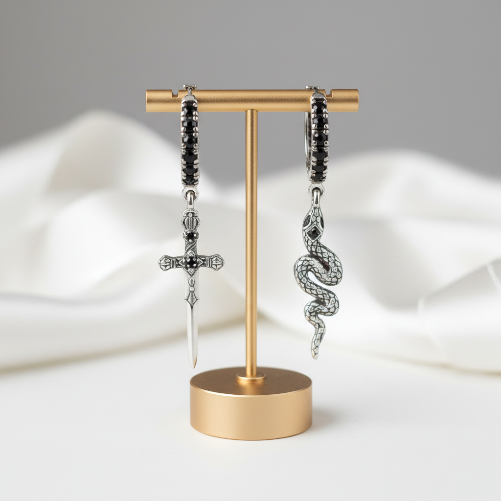Vintage Black Diamond Options Sword and Snake Hoop Earrings-Black Diamonds New York