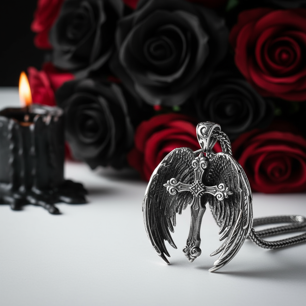 Vintage Cross Feather Wings Pendant-Black Diamonds New York