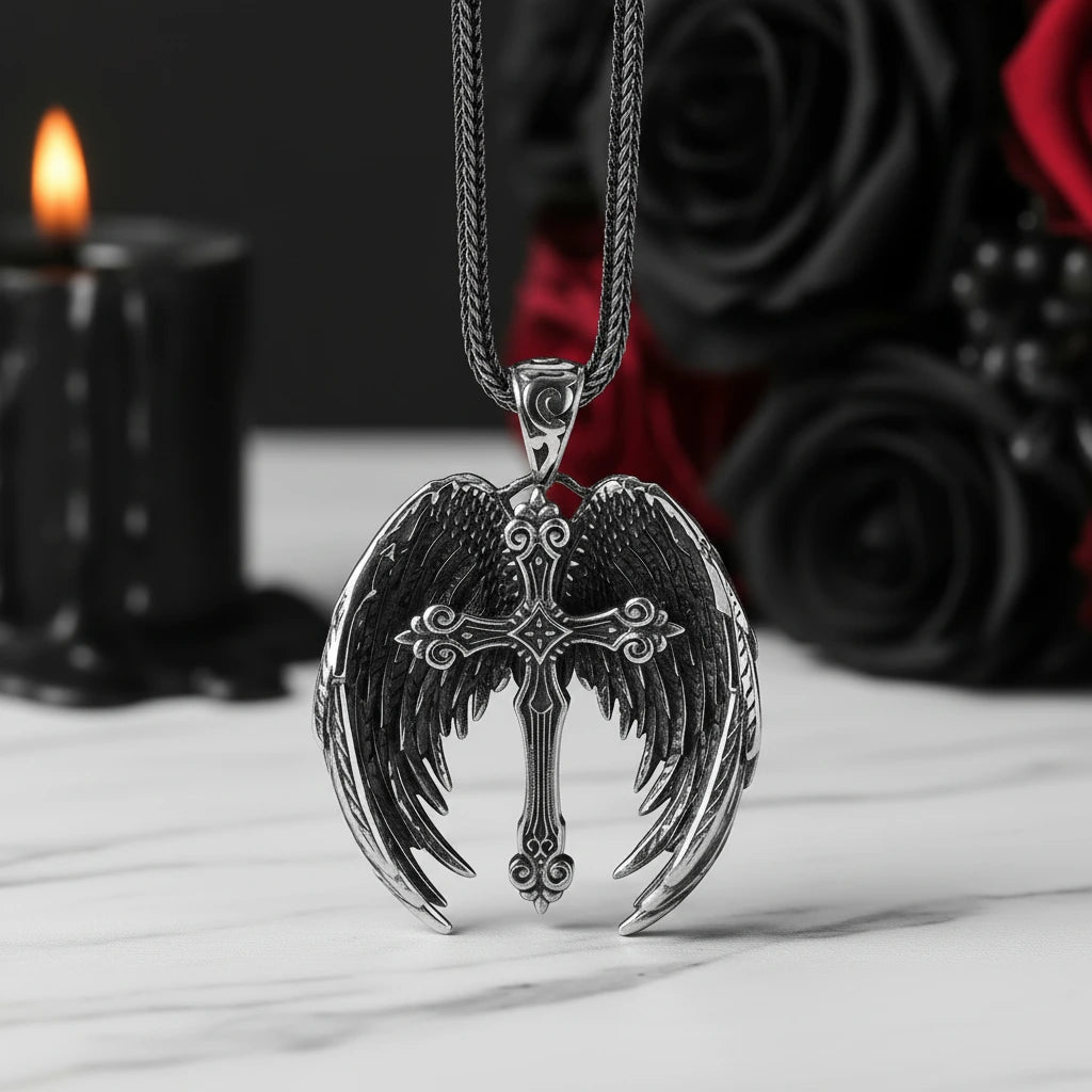 Vintage Cross Feather Wings Pendant-Black Diamonds New York