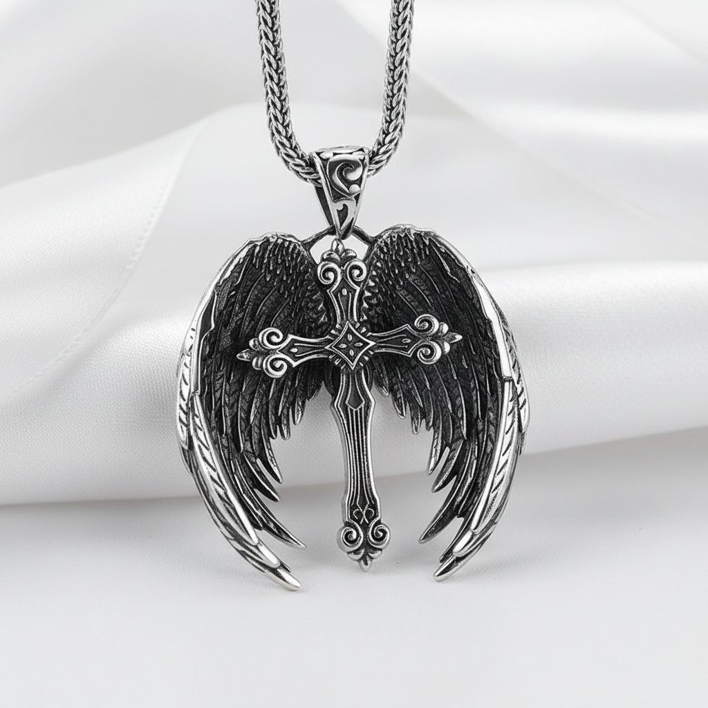 Vintage Cross Feather Wings Pendant-Black Diamonds New York