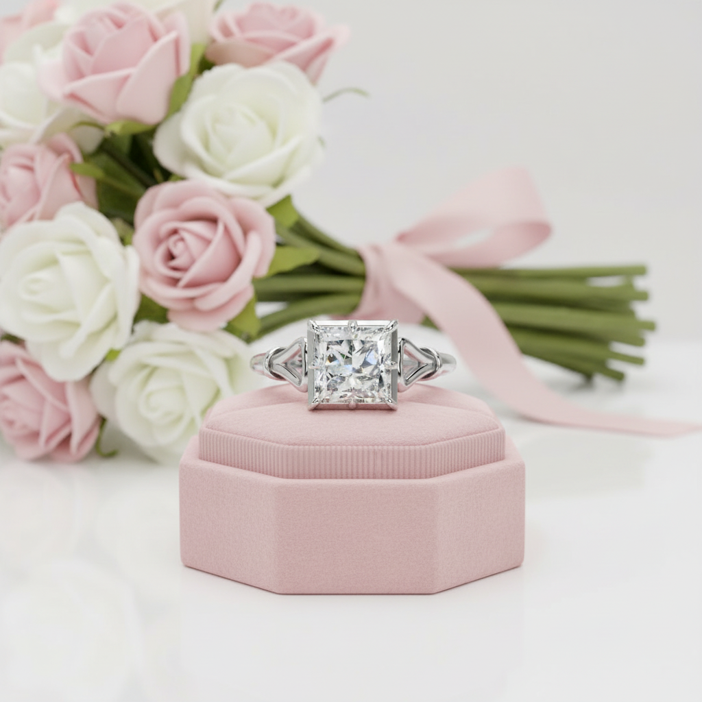 A radiant-cut diamond engagement ring with a silver-toned band, displayed on a pink velvet ring box with a bouquet of pink and white roses in the background.