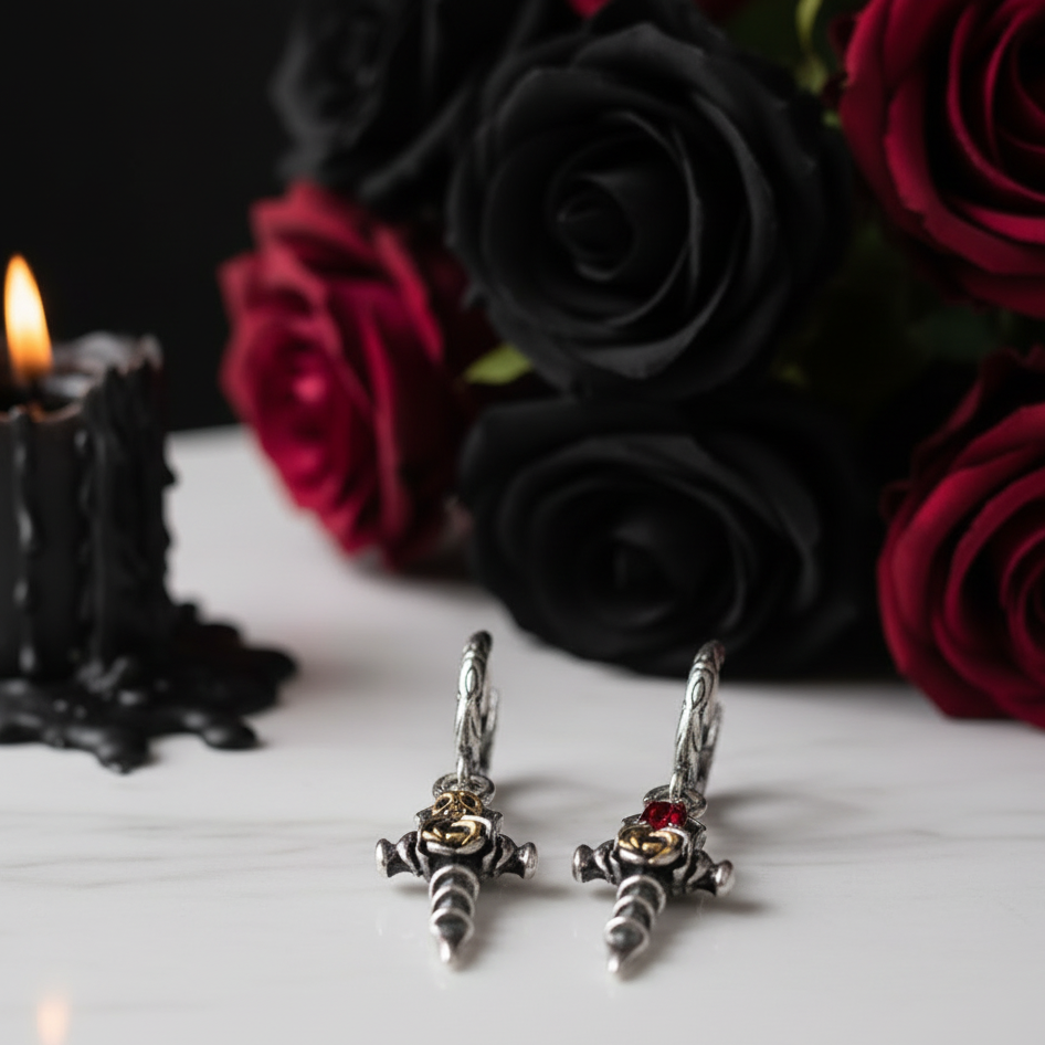 Vintage Gold Skull Rose Earrings-Black Diamonds New York